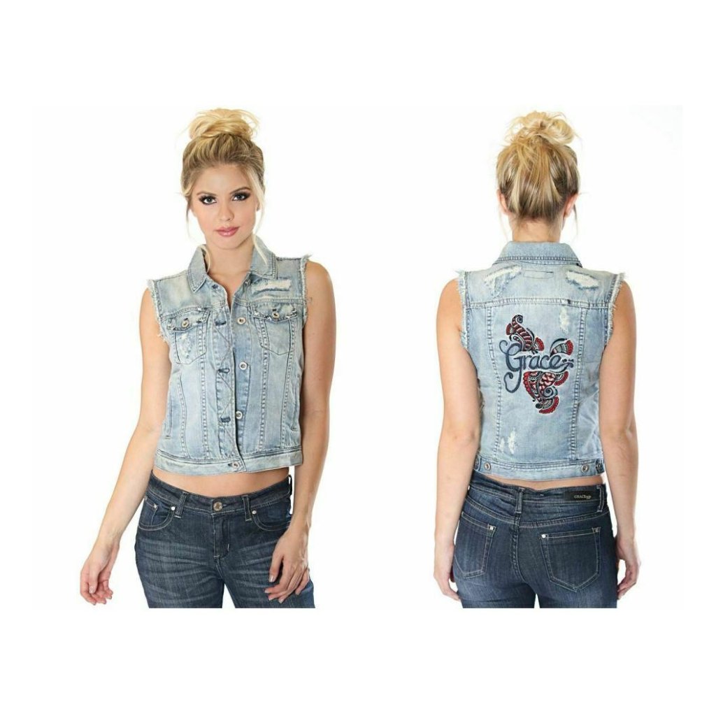 Grace In La Jeans Women's Embroidered Distressed Denim Vest With Rips
